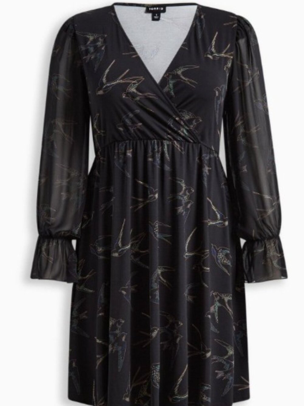 Torrid Swallow Print Studio Knit Faux Wrap Dress Chiffon Sleeve - Plus - Picture 4 of 11